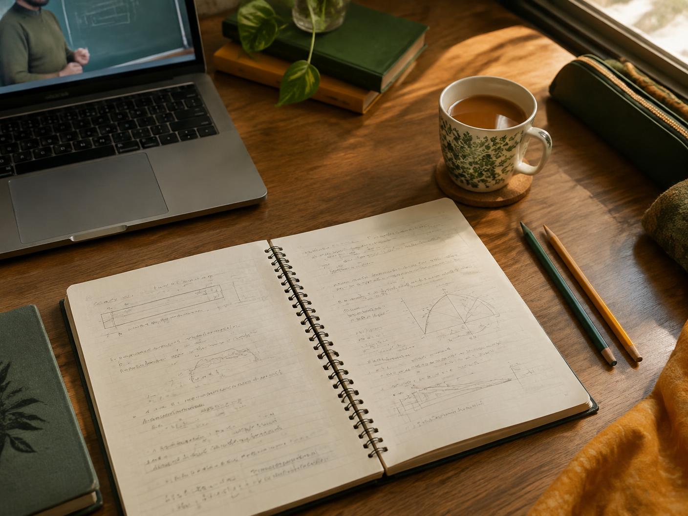 An open notebook with study notes beside a laptop playing a lecture